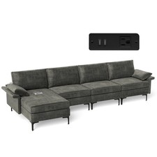Modern Modular L-shaped Sectional Sofa w/ Reversible Chaise  2 USB Ports Grey