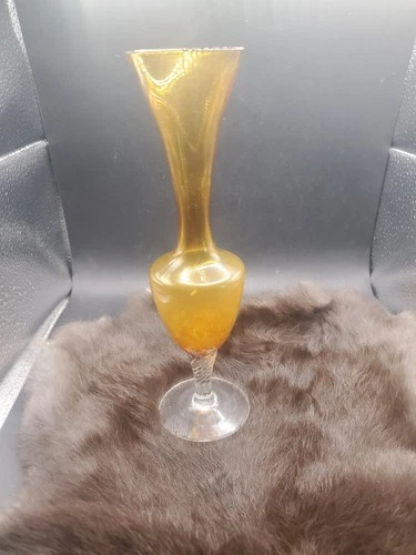 Vintage Murano Hand Blown Art Glass Vase ~ Yellow Flared Top, Crystal Stem