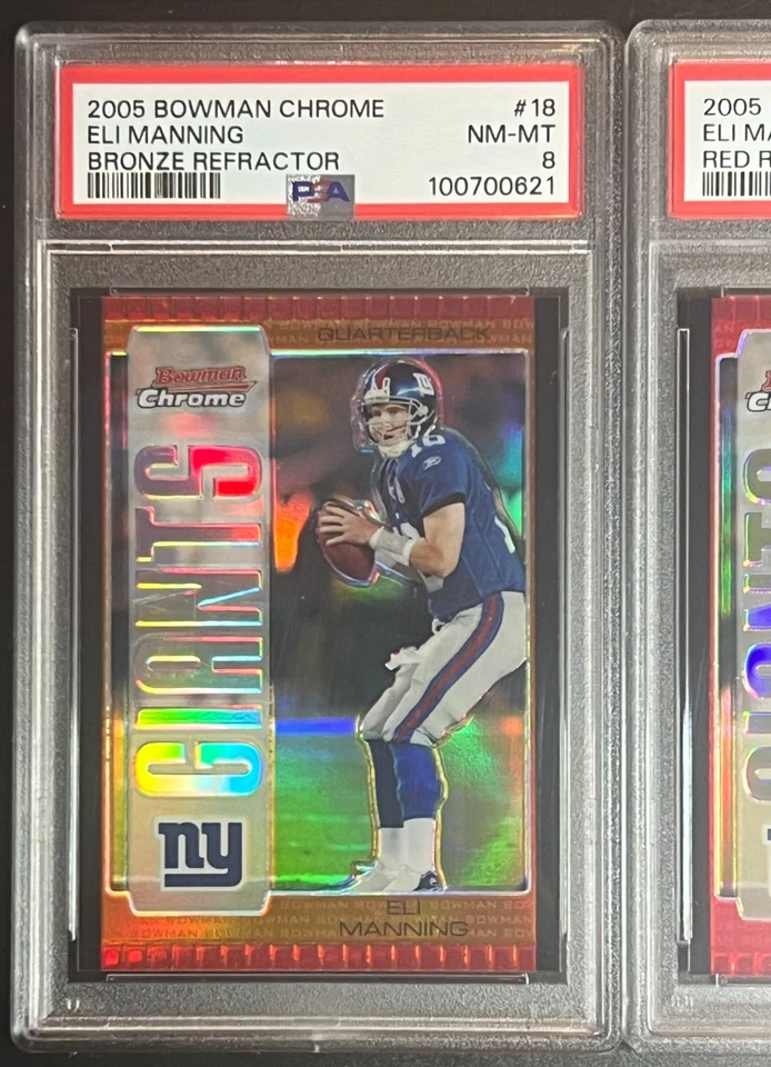 Lot (2) 2005 Bowman Chrome #18 Eli Manning Refractor Bronze /150 PSA 8 Red PSA 9 - Image 2 of 4