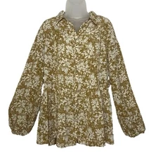 Entro Floral Mustard Color Button Down Blouse Empire Waist Boutique Brand Size L