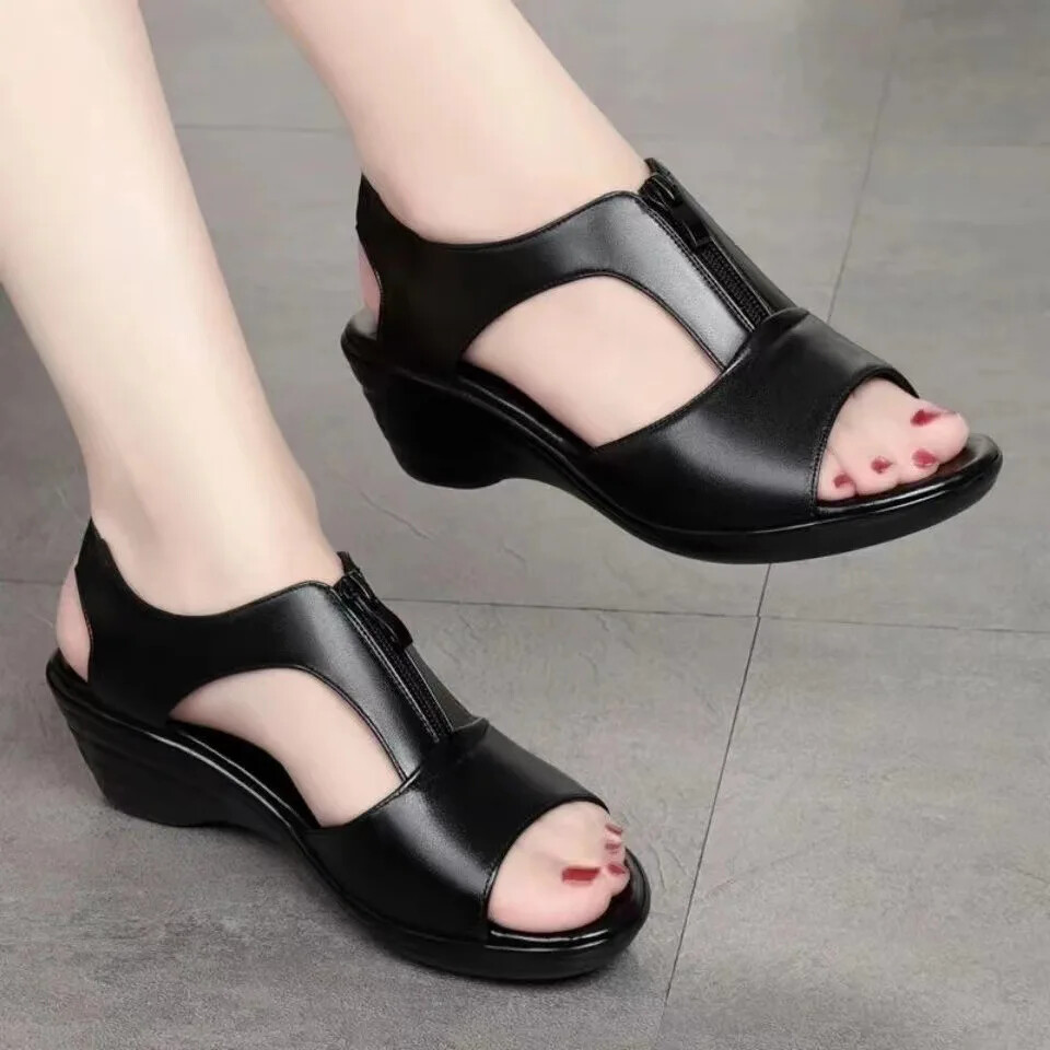 Sandalias de tacón alto para mujer con plataforma de cuero y cuña con cremalera