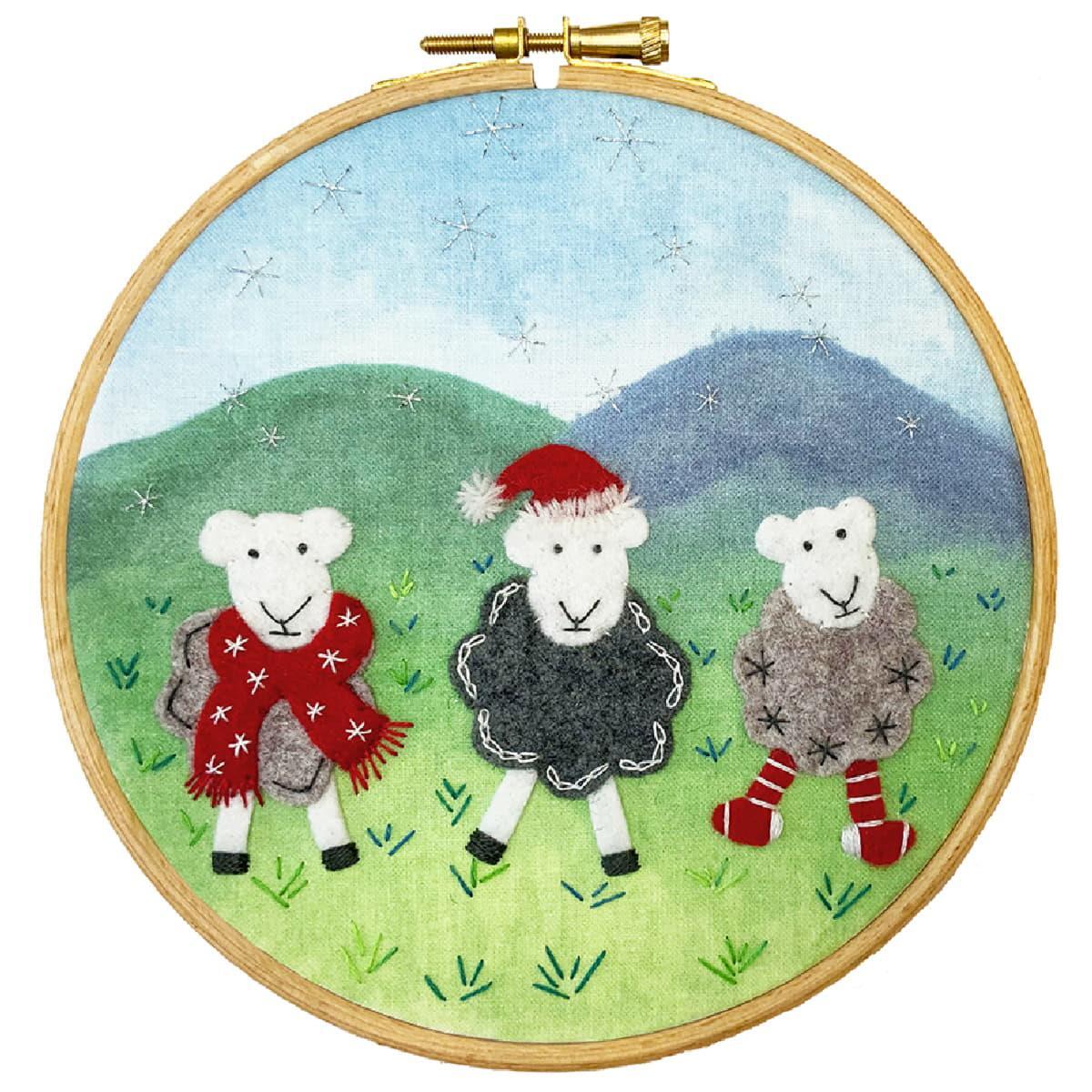 Bothy Threads felt embroidery with wooden hoop, printed background ""Woolly Jumpe