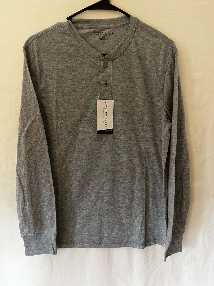 Nueva Camisa Térmica para Dormir Perry Ellis Portfolio Para Hombre Henley Manga Larga Gris M Foto 2 de 4