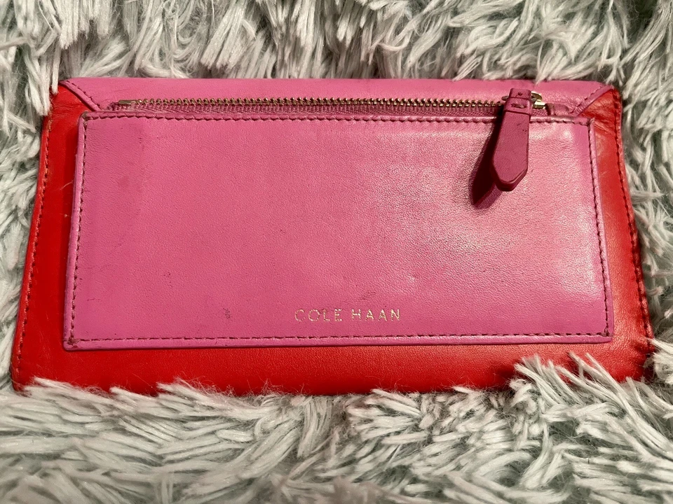 Vintage COLE HAAN Pink & Red Leather Flap Trifold Envelope Wallet - Image 2 of 4