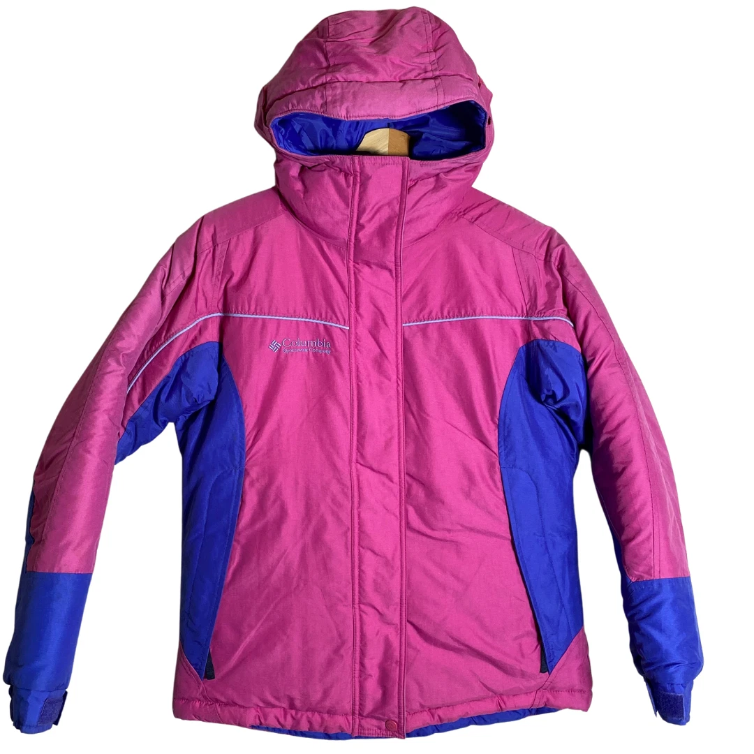 Vintage Columbia Full Zip Hooded Puffer Coat Youth Girls' 14/16 Pink Blue Winter