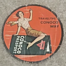 Vintage c1930s Conoco Travel Passport Club Luggage Label, Woman Riding Brochure