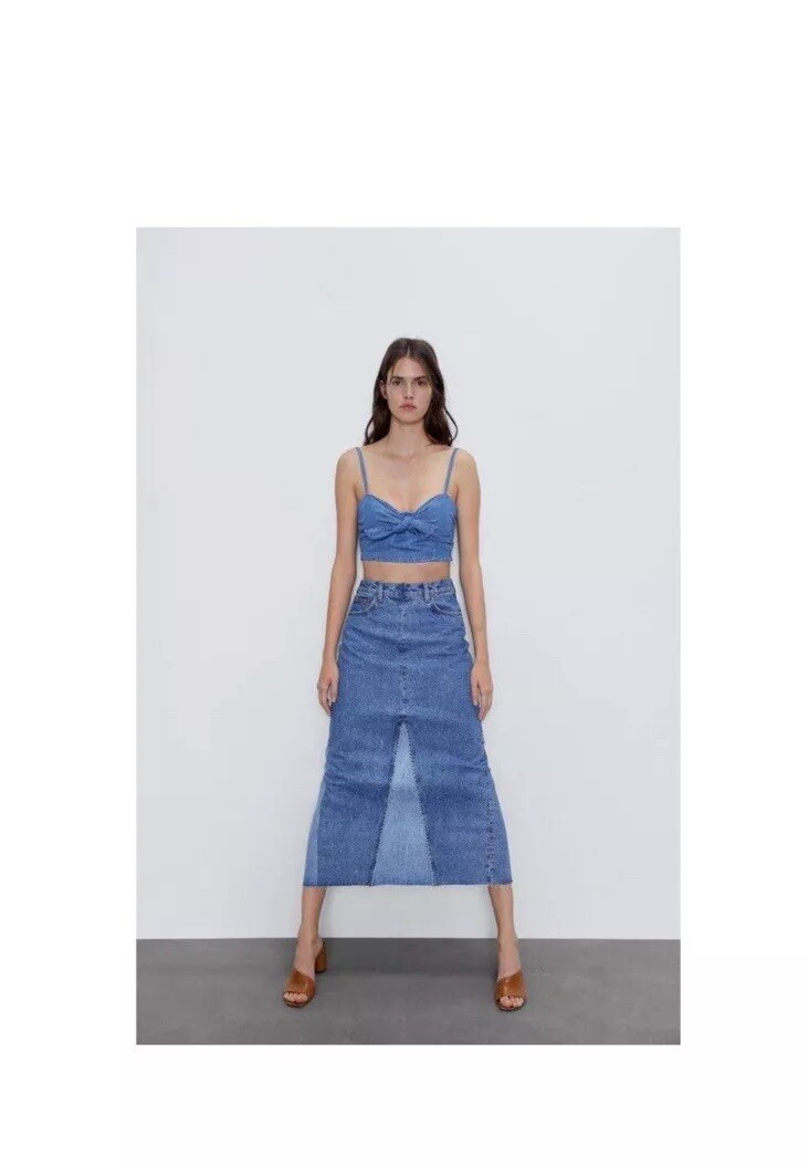 Zara The 90's Collection Patchwork Denim Midi Skirt Women's XS | eBay