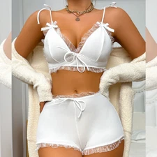 Women Lingerie Set Sexy Chemise Cute Ruffle Trim Tube Top Shorts Pajama Babydoll