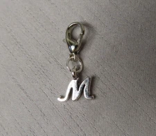 Initial CURSIVE LETTER M Charm Zipper Pull Keychain Add On Clip Silver Tone