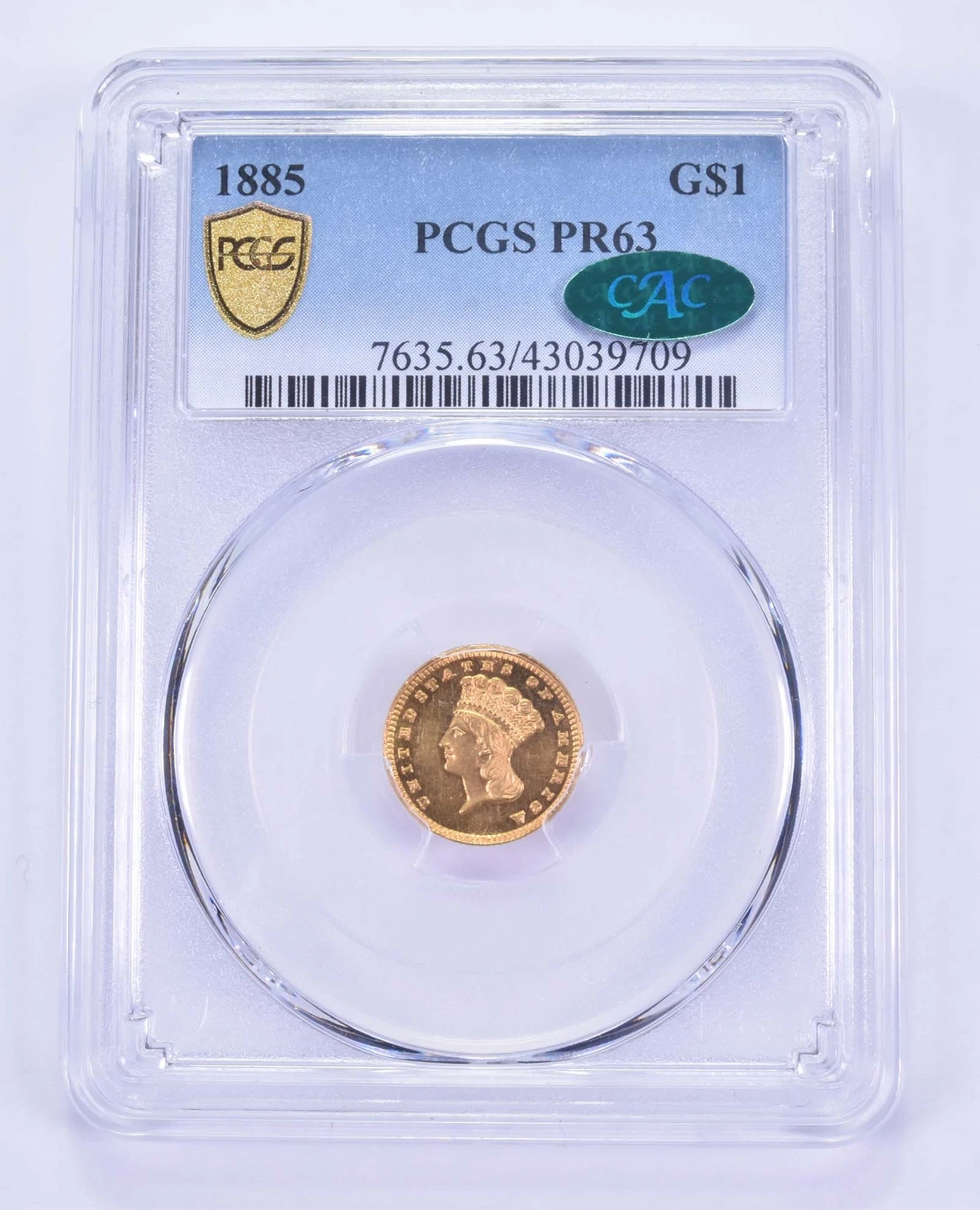PR63 1885 $1 Indian Princess Head Gold Dollar Piece - CAC - Graded PCGS *8531