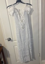 Vintage Long White Dress Pearl Beads Front Slit Size 2 Wedding Formal