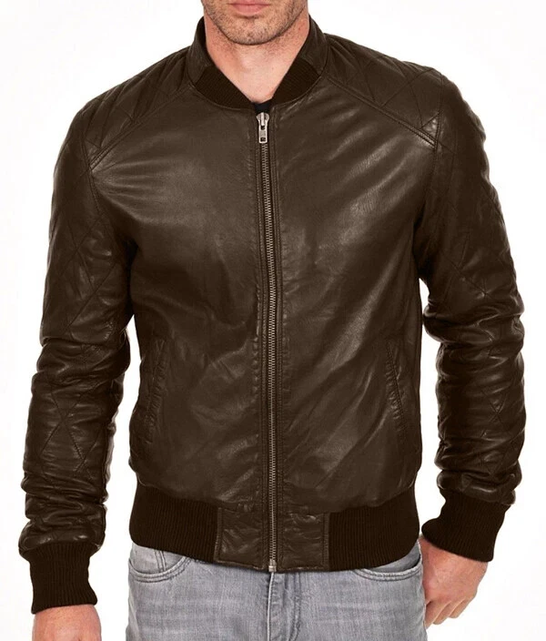 Men's Varsity Bomber Jacket Genuine Lambskin Leather Pintex Stich Sleeve brown