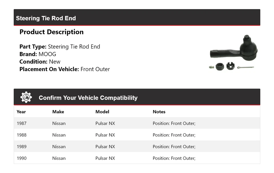 Para Nissan Pulsar NX 1987-1990 extremo de barra de dirección exterior delantero MOOG 1987 1988 Foto 2 de 4