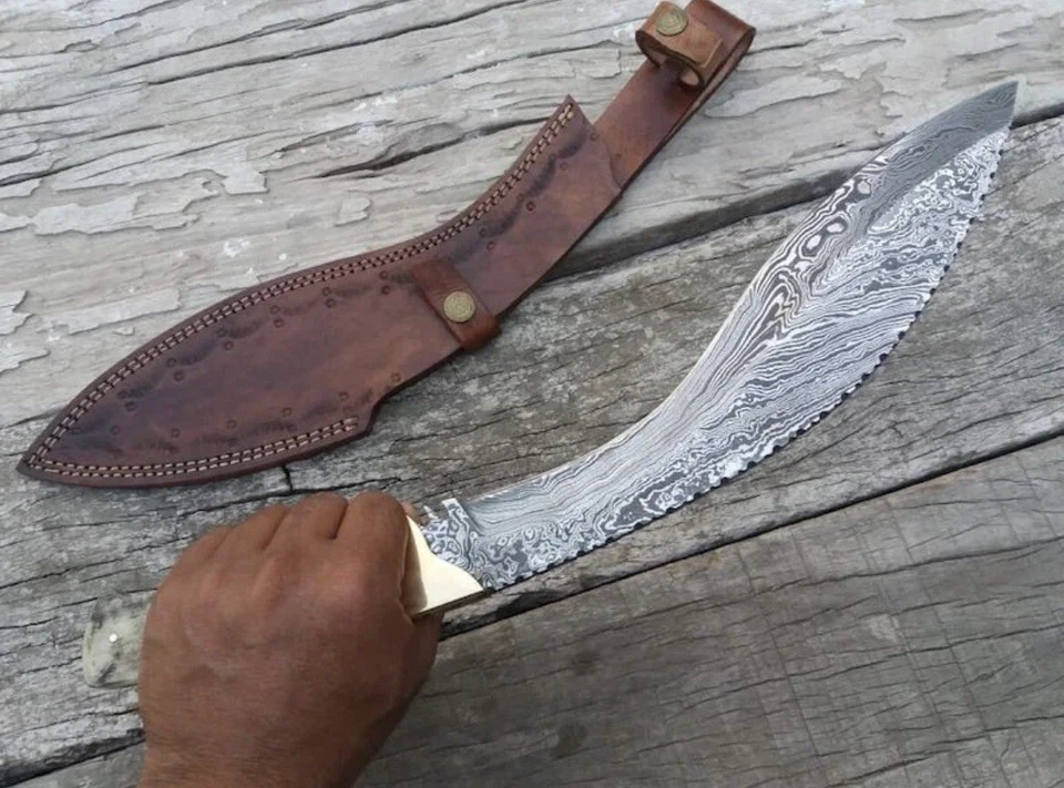 Cuchillo de caza BOWIE 16" FULL TANG DAMASCUS hoja fija GURKHA KUKRI con funda Foto 3 de 3