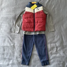 PUMA Boys 3 Pc Puffer Vest Set Size 5 Long Sleeve Sweat Pants Navy Red White New