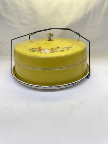 Vtg Metal Cake Pie Carrier Handle Glass Knob Mid Century Yellow With Flowers