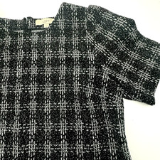 ANN TAYLOR LOFT | Women's Large Black Plaid Ruffle Hem Short Sleeve Shift Dress