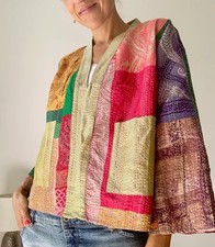 Patchwork Silk jacket loose open front coat boho hippie funky Kantha Jacket