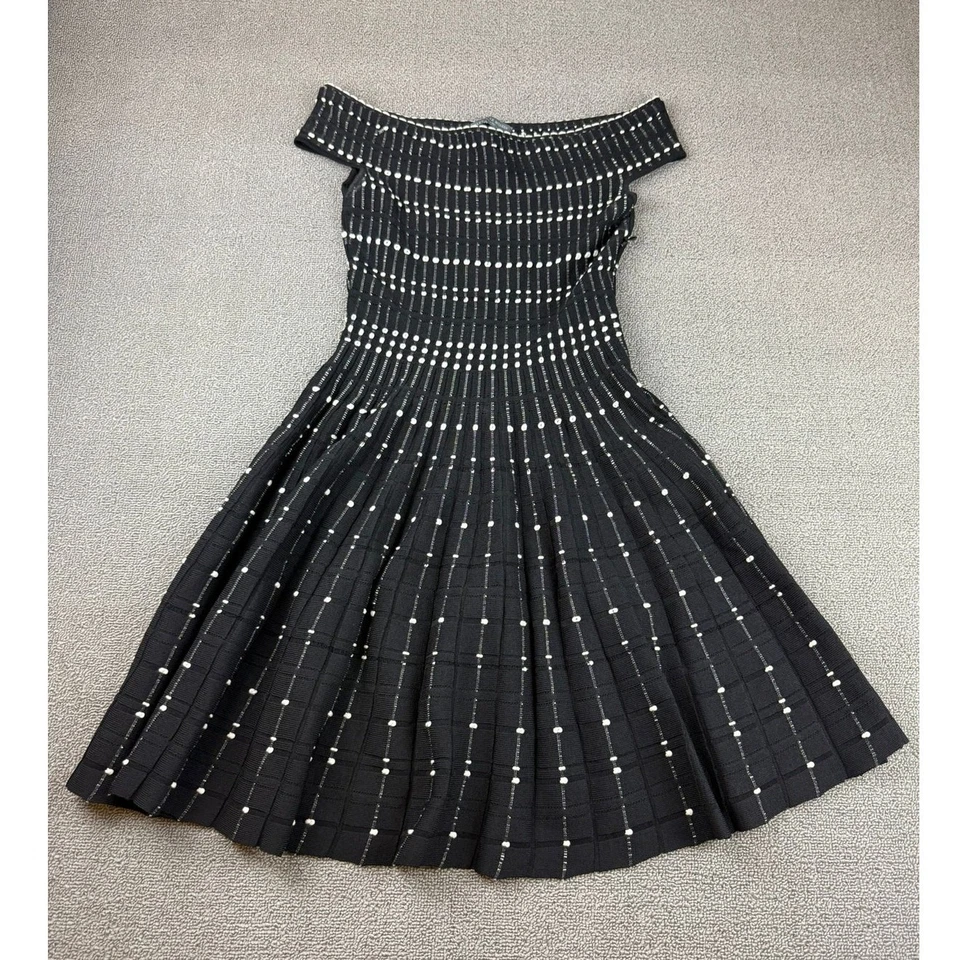 Alexander McQueen Women Black Embroidered Knit Boat Neck Flared Dress Size M  - Image 2 of 4