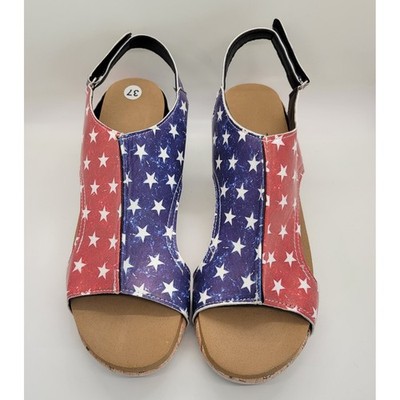 Women's American Flag Wedge Sandals EU 37 US 6 Patriotic Cork Platform Slingback