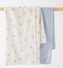 NWT Carters 2 Pack Baby Boy Blankets Blue Striped White Sailboats Little Planet