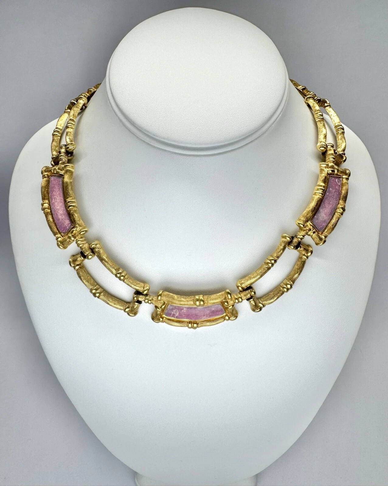 MONET Pink Enamel Bamboo Collar Statement Vintage Necklace Jewelry N58