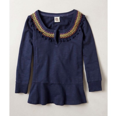 ANTHROPOLOGIE Lilka Toorie Top Pom Pom Embroidered Peplum S Blue Blouse Boho