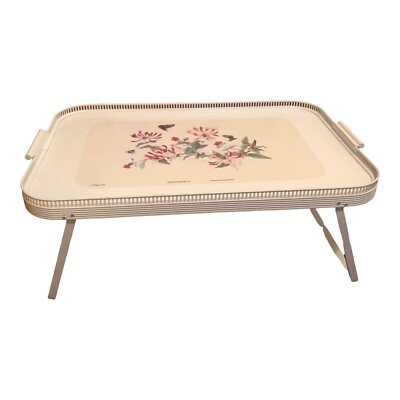 Vintage klappbares Metall Schoßbett TV Dinner Tablett hübsch weiß Blumen Blumenmuster