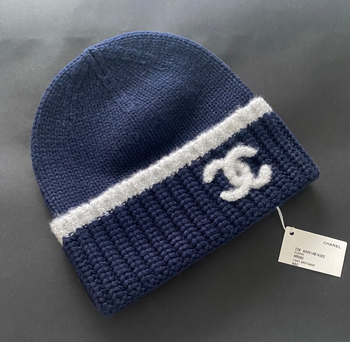 Chanel Classic Beanie Cashmere Wool Navy Blue Gray CC Logo Hat