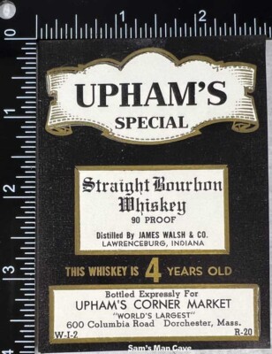 Upham's Straight Bourbon Whiskey Label - MASSACHUSETTS