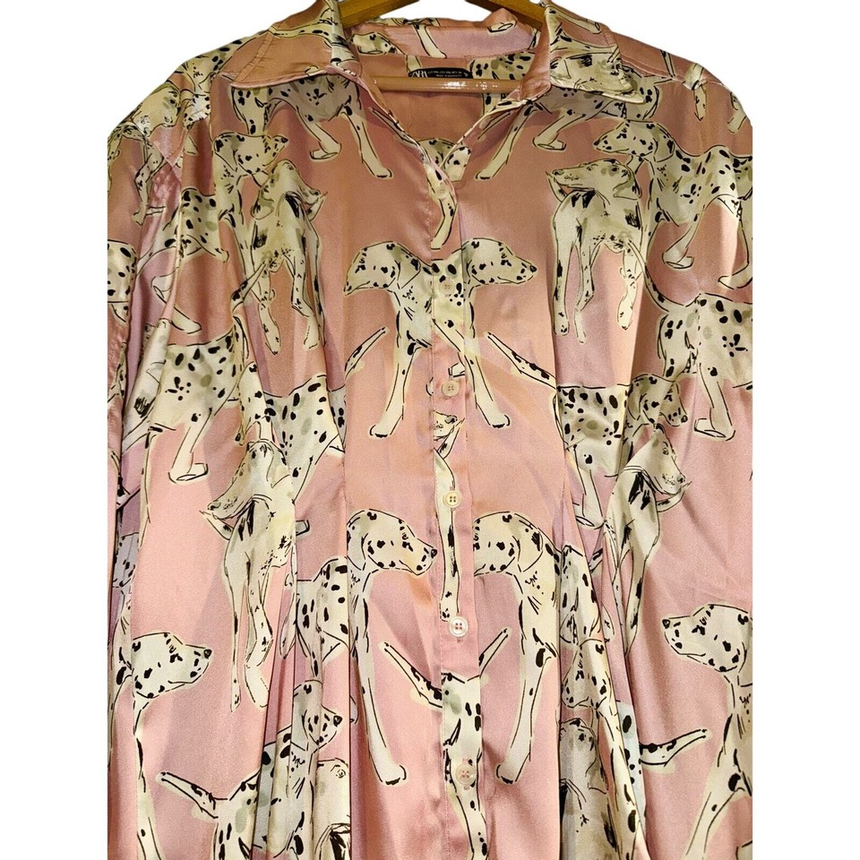Zara Dalmatian Dog Print Pink Long Sleeve Button Down Midi Shirt Dress
