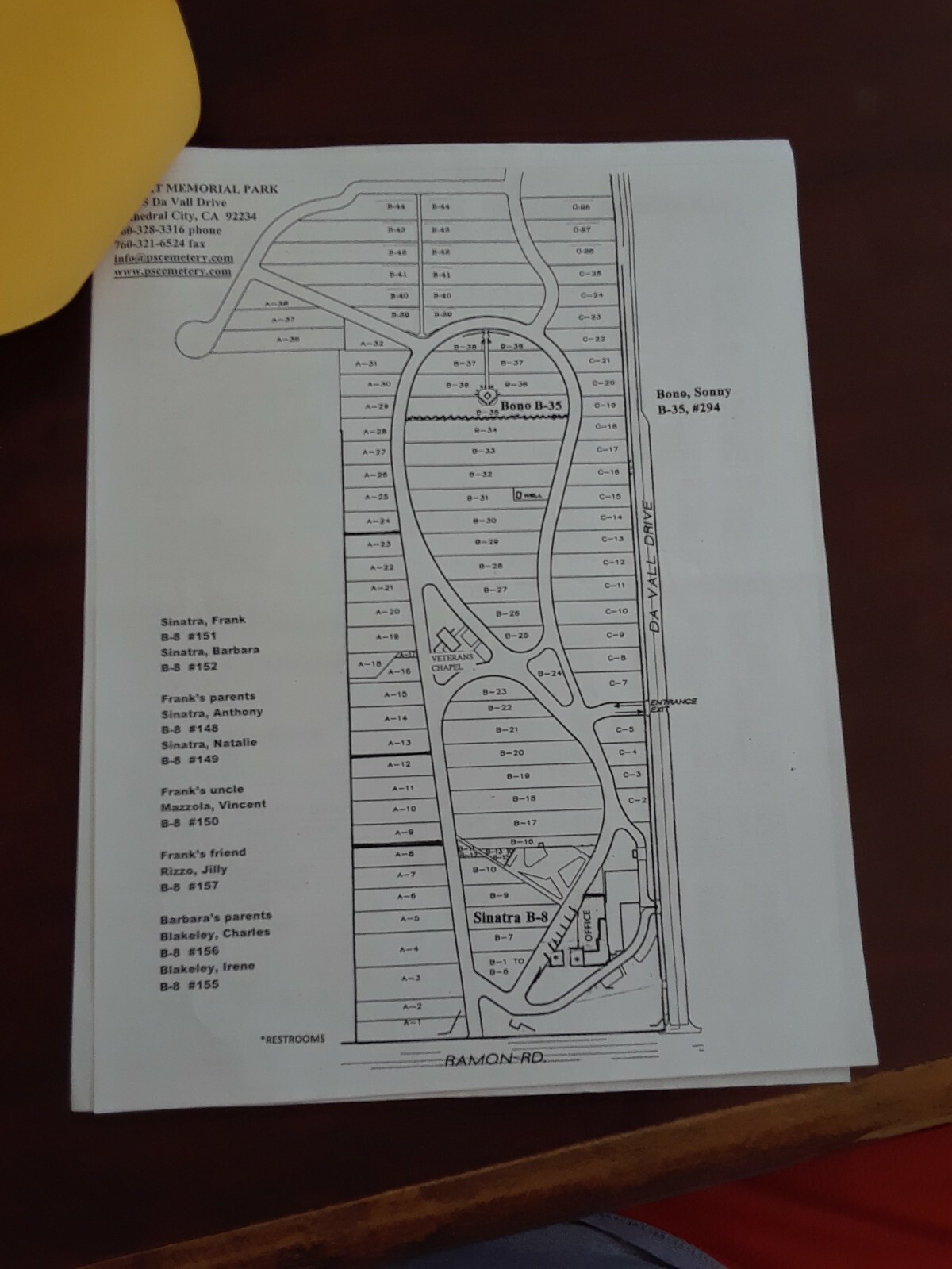 Frank Sinatra, Sonny Bono Cemetery Grave Map Palm Springs California