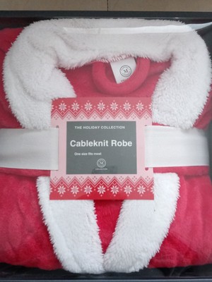 Martha Stewart Cableknit Plush Bath Robe Red with White Trim in Gift Box