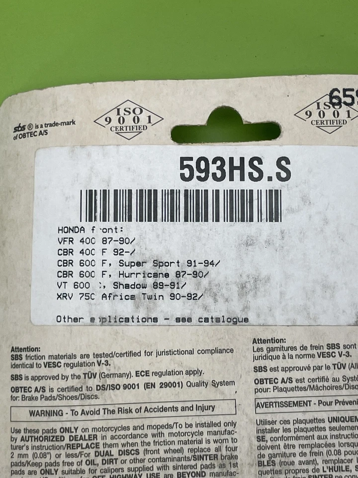 Par de pastillas de freno sinterizadas SBS - 593HS para Honda CBR600 CBR 600 600F2 F2 VTR250 Foto 4 de 4