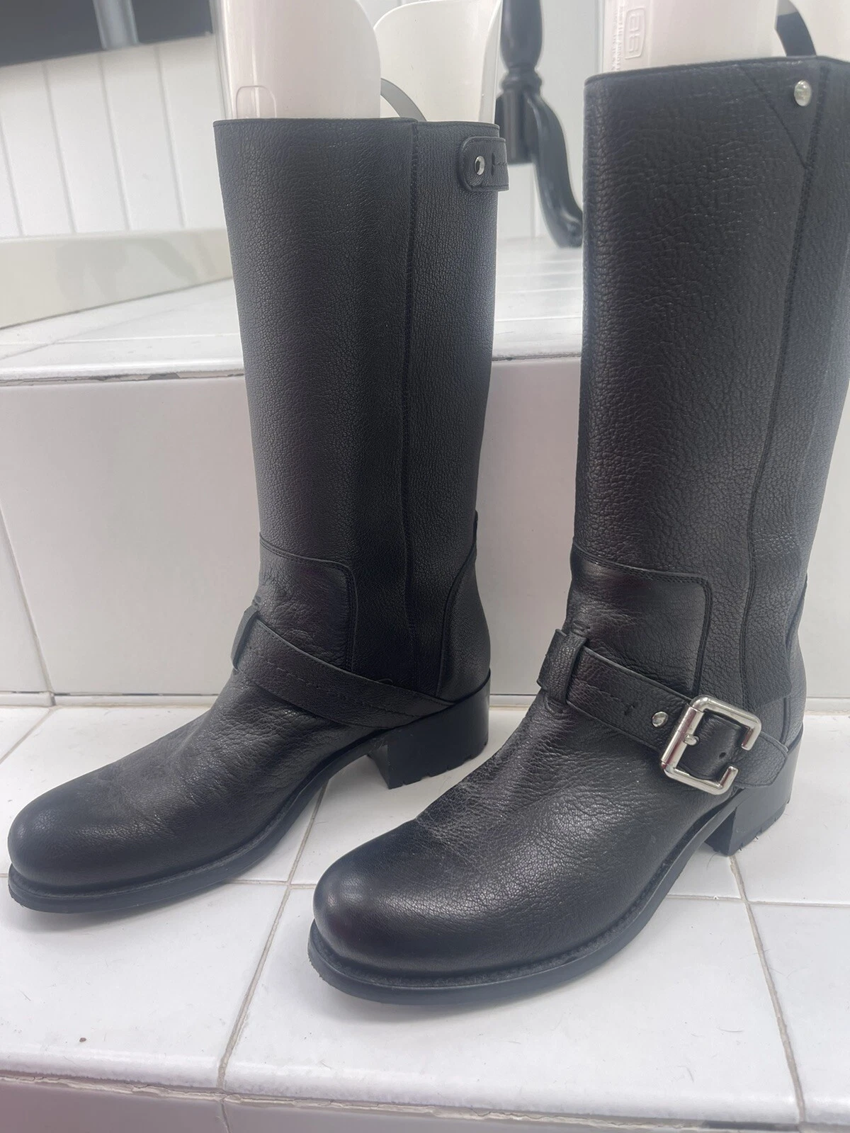 Bottes de motard authentiques Christian Dior boucle noire en cuir, EU375 US7,5