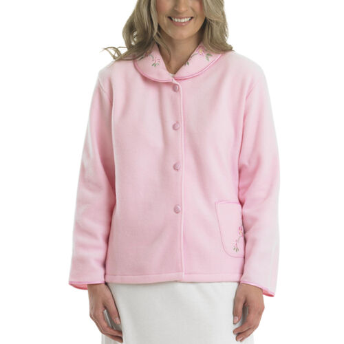 Womens Polar Fleece Bed Jacket Slenderella Button Up Floral Embroidery Housecoat - Picture 7 of 51
