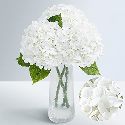  21'' Real Touch Hydrangea Artificial Flowers with Long Stem & 3pcs White