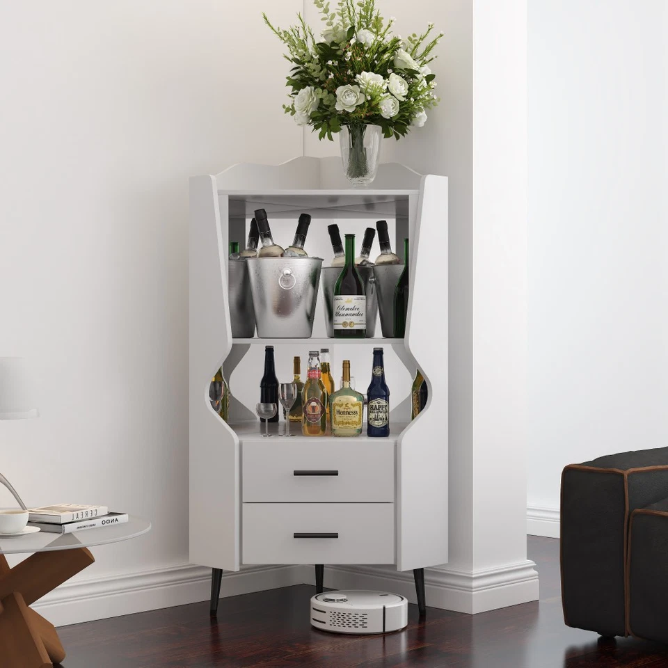 White Wooden Corner Bar Cabinet 2 Open Shelves 2 Drawers Mirrored Back High Legs - Image 3 of 4