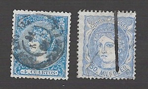 Spain 1866 Scott 82 + 1870 Scott 166 - Queen Isabel II + Allegorical Effigy Used