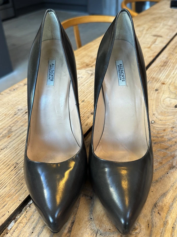 Elegant ALLSAINTS Dark Grey High Shine Leather High Heel SHOES, 38, UK 5 - Image 2 of 4