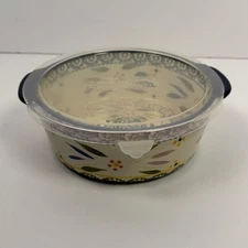 Temp-tations Old World 1 Qt Stoneware Baking Dish Lid Hand Painted Flowers