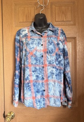 Dizzy Lizzy Size L  Acid Wash Plaid Button Down Shirt Blue Orange Chest Pockets