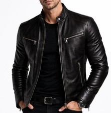 Men's Black Genuine Leather Jacket Biker Motorcycle Slim Fit Zip Casual Coat