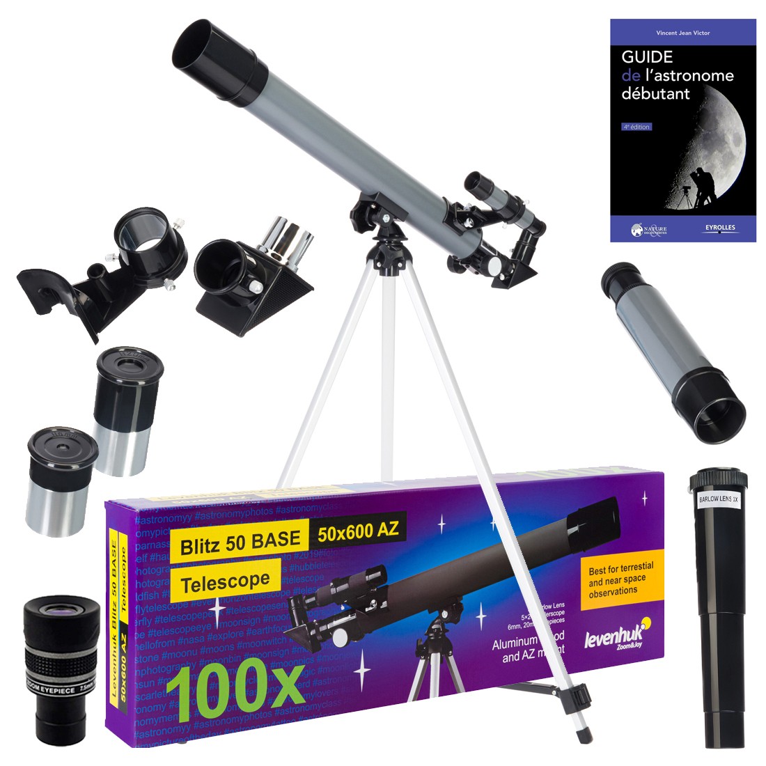 Télescope Levenhuk Blitz 50 lunette astronomique avec oculaires et lentille de Barlow incluse
