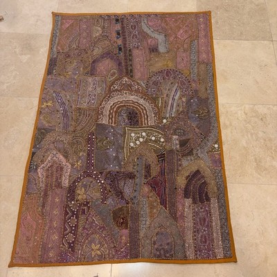 Vintage Indian Embroidered Patchwork Wall Hanging   Mirror Work    59  x 40 