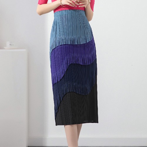 Lady Splicing Midi Straight Pencil Skirt Back Slit Tassel High Elastic Waist Fit - Picture 5 of 13