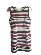 J Crew Size 4 Waisted Sleeveless Sheath Dress Striped Red Navy Beige Pre-owned