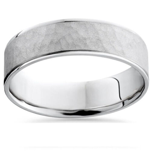 Mens 10k White Gold Hammered Comfort Fit Wedding Band 6MM Wide Ring - Picture 1 of 56