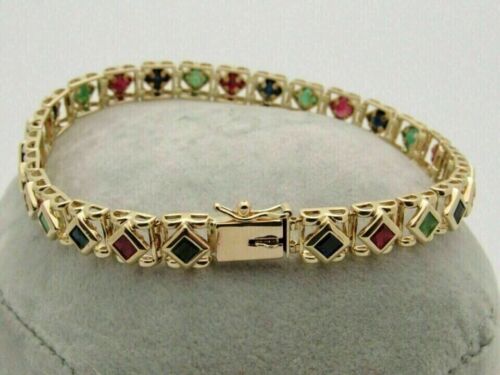 7.00Ct Lab-Created Ruby Sapphire Emerald Tennis Bracelets 14K Yellow Gold Plated - Picture 3 of 5