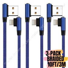 3 Pack 90 Degree Angle USB Fast Charger Cable 10Ft For iPhone 14 13 12 11 XR X 8